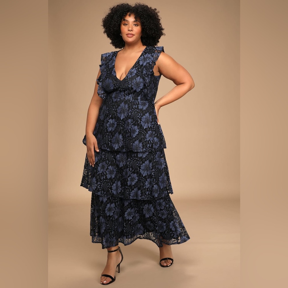 NWT Lulus Molinetto Navy Blue Lace Ruffled Tiered Sleeveless Maxi Dress